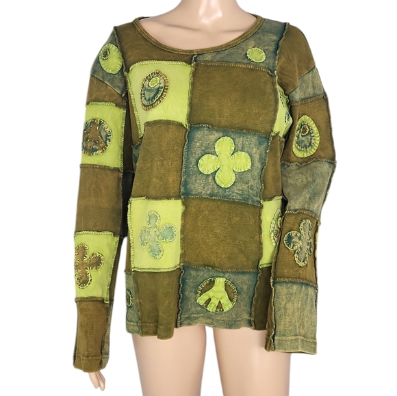 Kathmandu Moss Green Peace Brown Patchwork Embroidered Blouse - Picture 1 of 4